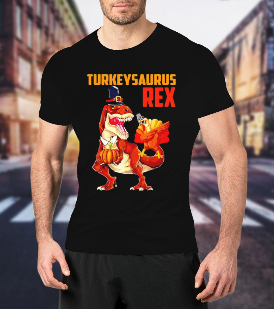 Turkeysaurus Rex Thanksgiving Dinosaur Holding Pumpkin And Turkey With Pilgrim Hat T-Shirt
