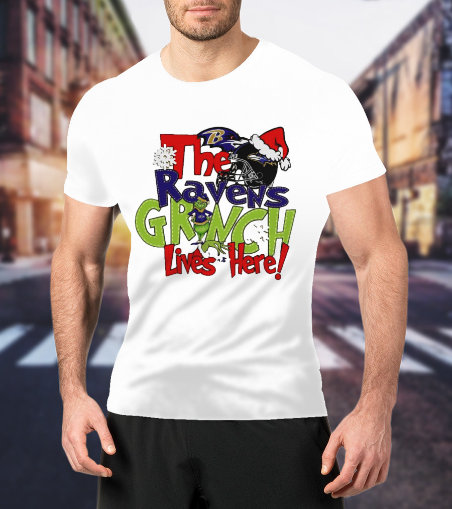 The Ravens Grinch Lives Here Christmas Ravens Logo Santa Hat T-Shirt