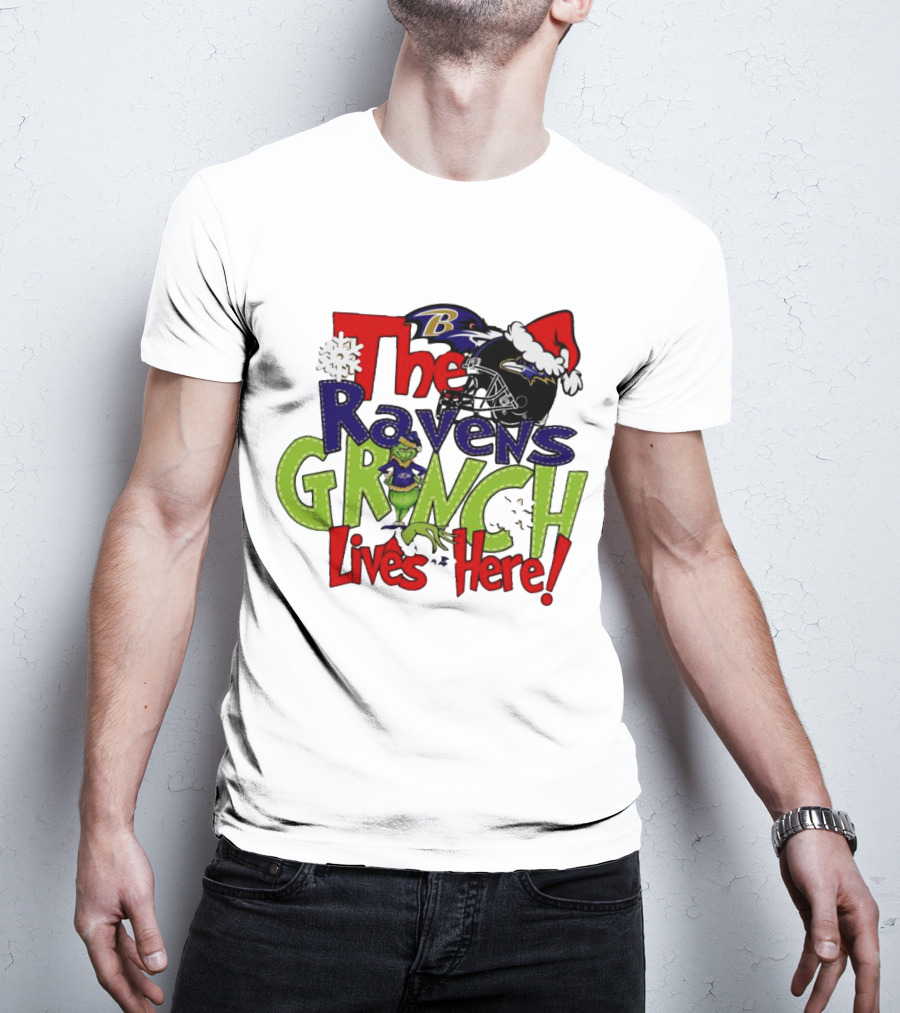 The Ravens Grinch Lives Here Christmas Ravens Logo Santa Hat T-Shirt