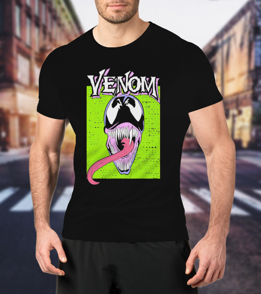 Venom Marvel Neon Pink Tongue Green Background T-Shirt