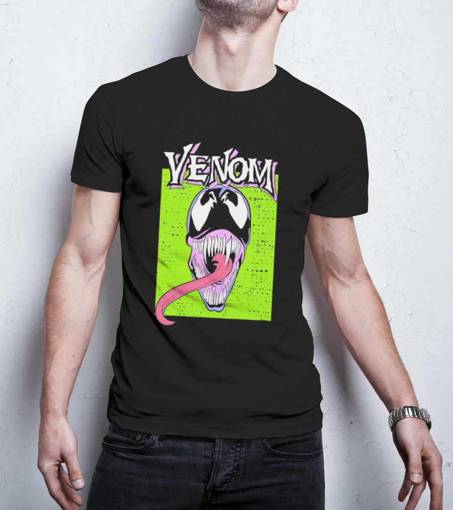 Venom Marvel Neon Pink Tongue Green Background T-Shirt
