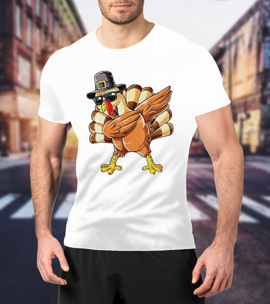 Thanksgiving Turkey Dabbing With Pilgrim Hat And Sunglasses T-Shirt