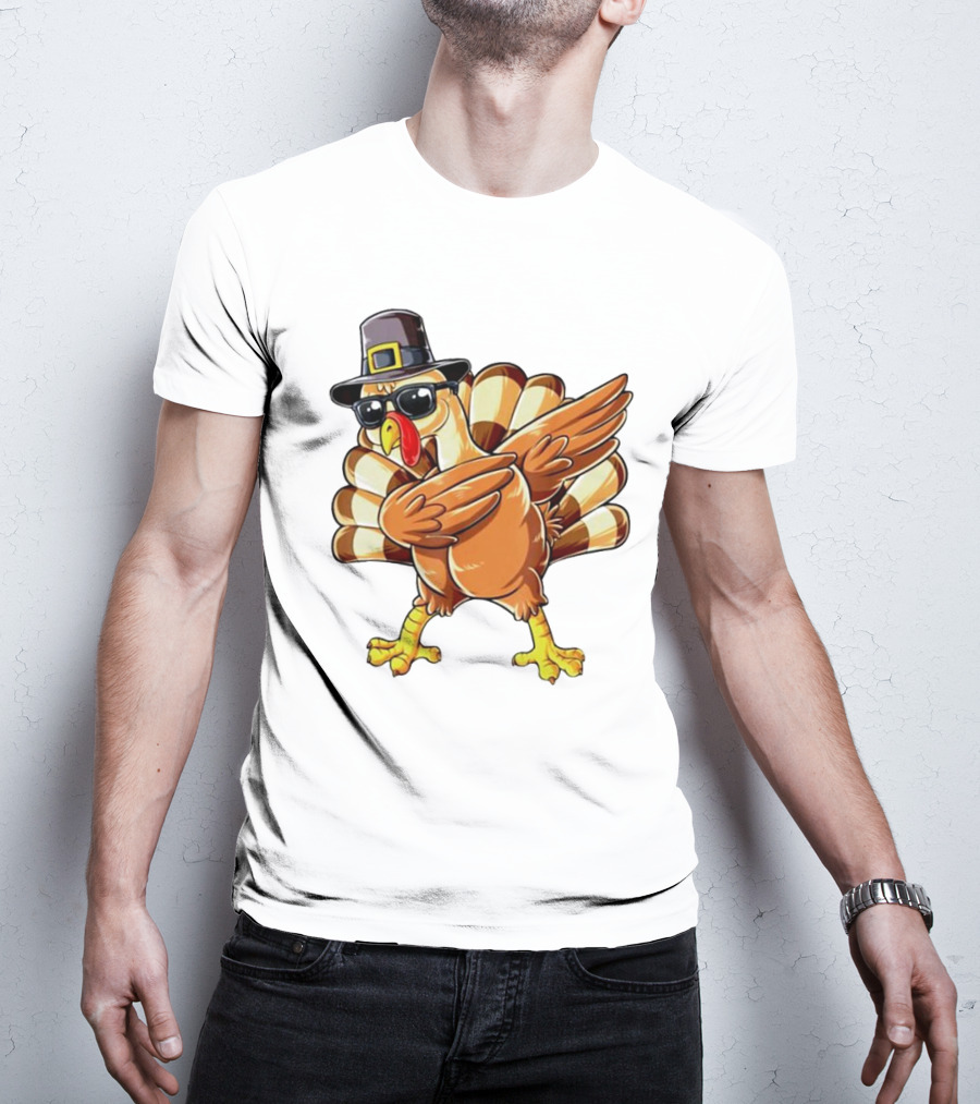 Thanksgiving Turkey Dabbing With Pilgrim Hat And Sunglasses T-Shirt