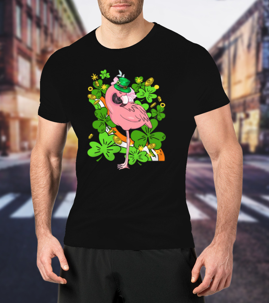 Flamingo St Patricks Day Pink Bird Shamrocks And Leprechaun Hat With Gold Coins T-Shirt