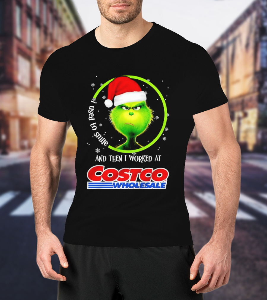 Grinch I Used To Smile And Then I Worked At Costco Wholesale Santa Hat Snowflakes T-Shirt