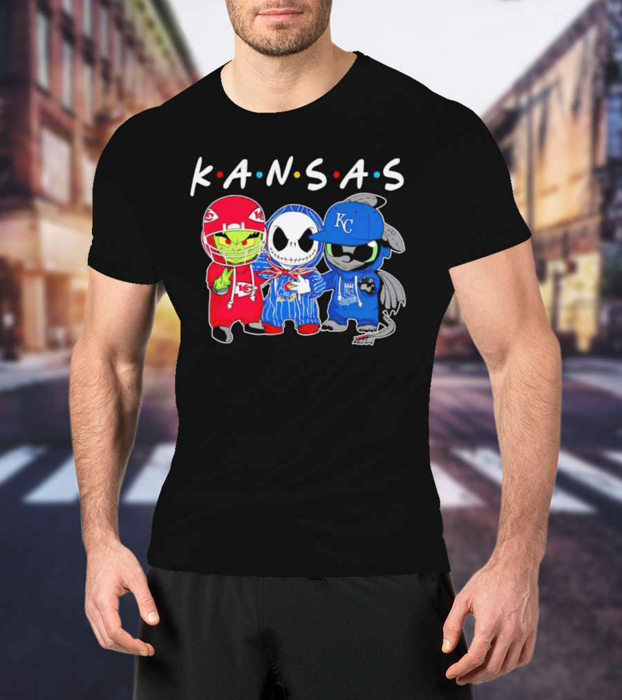 KANSAS Sports Characters Grinch Jack Skellington Toothless Chiefs Royals Jayhawks T-Shirt