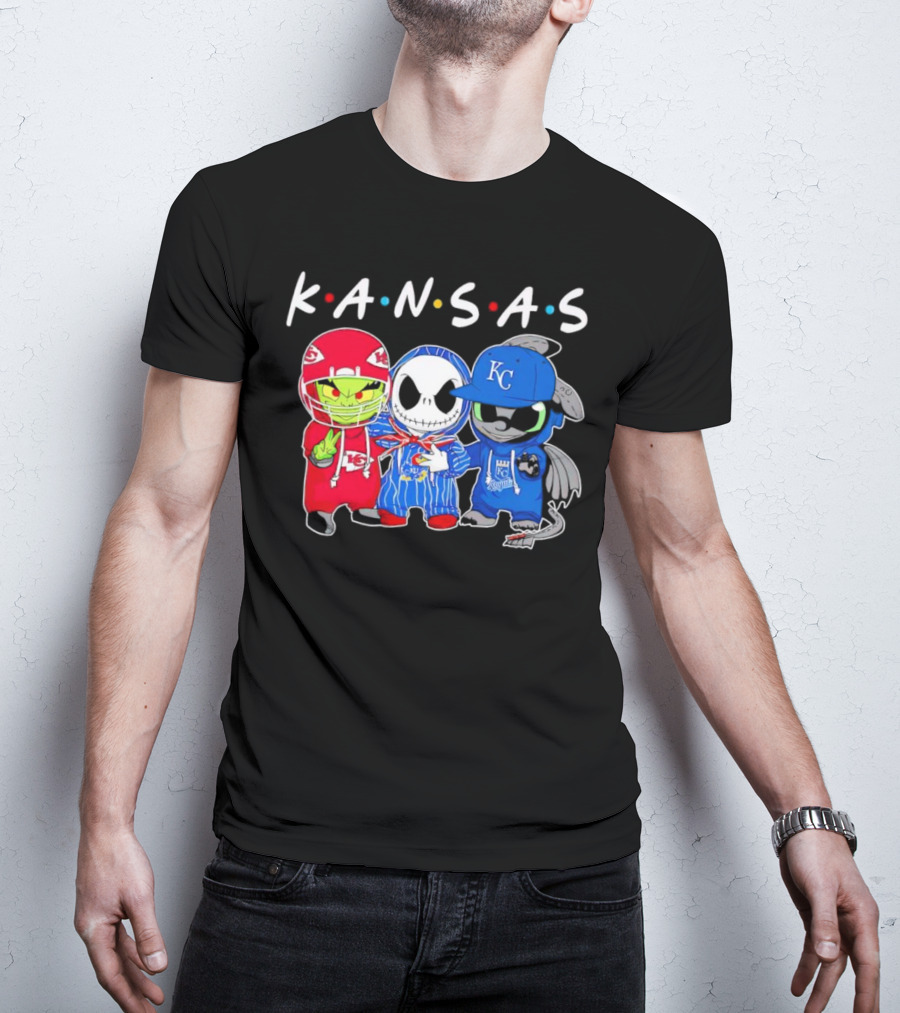 KANSAS Sports Characters Grinch Jack Skellington Toothless Chiefs Royals Jayhawks T-Shirt