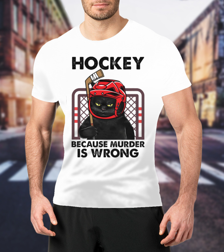 Hockey Cat In Red Helmet Because Murder Is Wrong T-Shirt