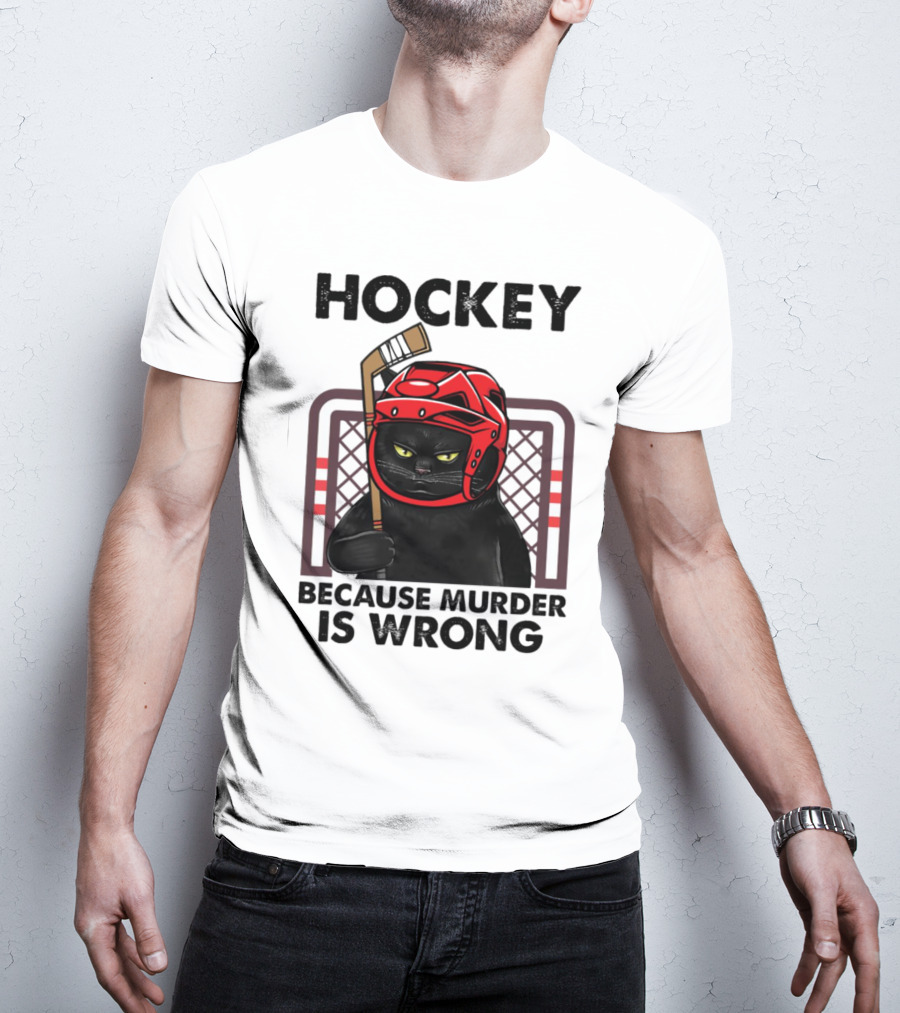 Hockey Cat In Red Helmet Because Murder Is Wrong T-Shirt