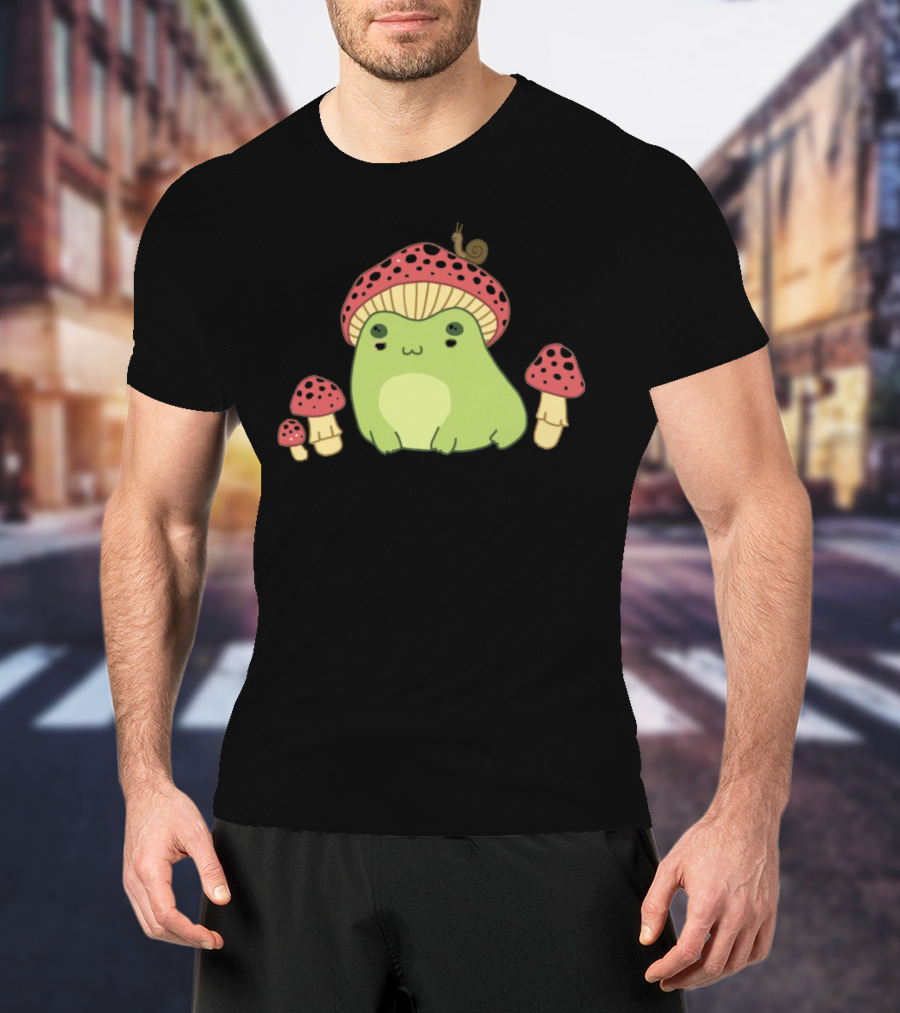 Kawaii Frog Wearing Mushroom Hat With Snail And Red Mushrooms T-Shirt