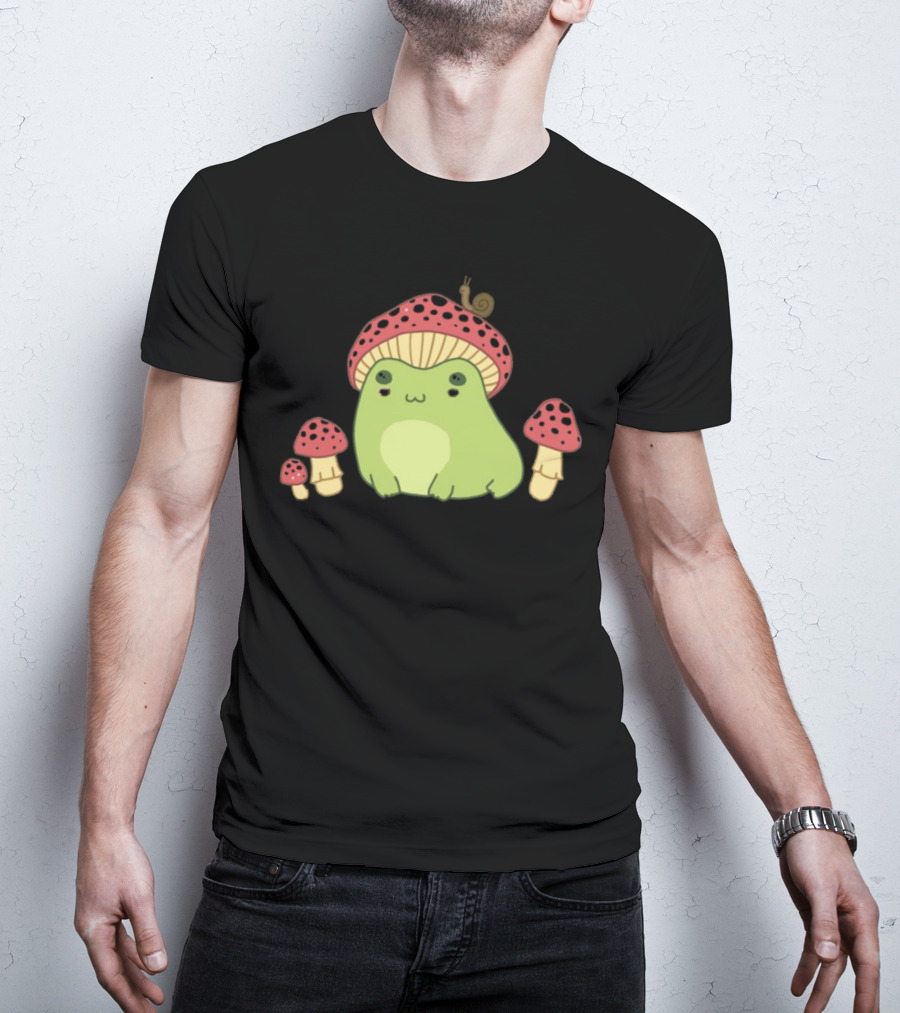Kawaii Frog Wearing Mushroom Hat With Snail And Red Mushrooms T-Shirt