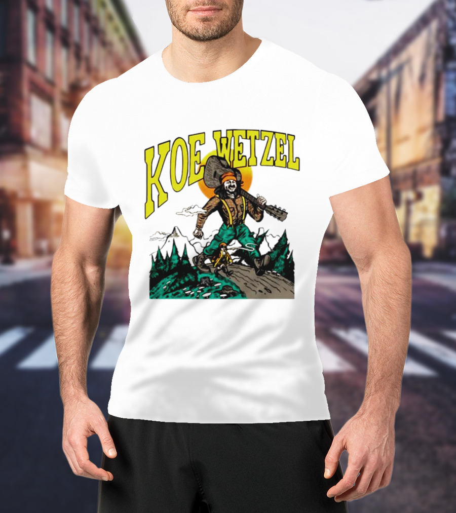 Koe Wetzel Koe Bunyan Lumberjack With Guitar And Dog In Mountain Scene T-Shirt