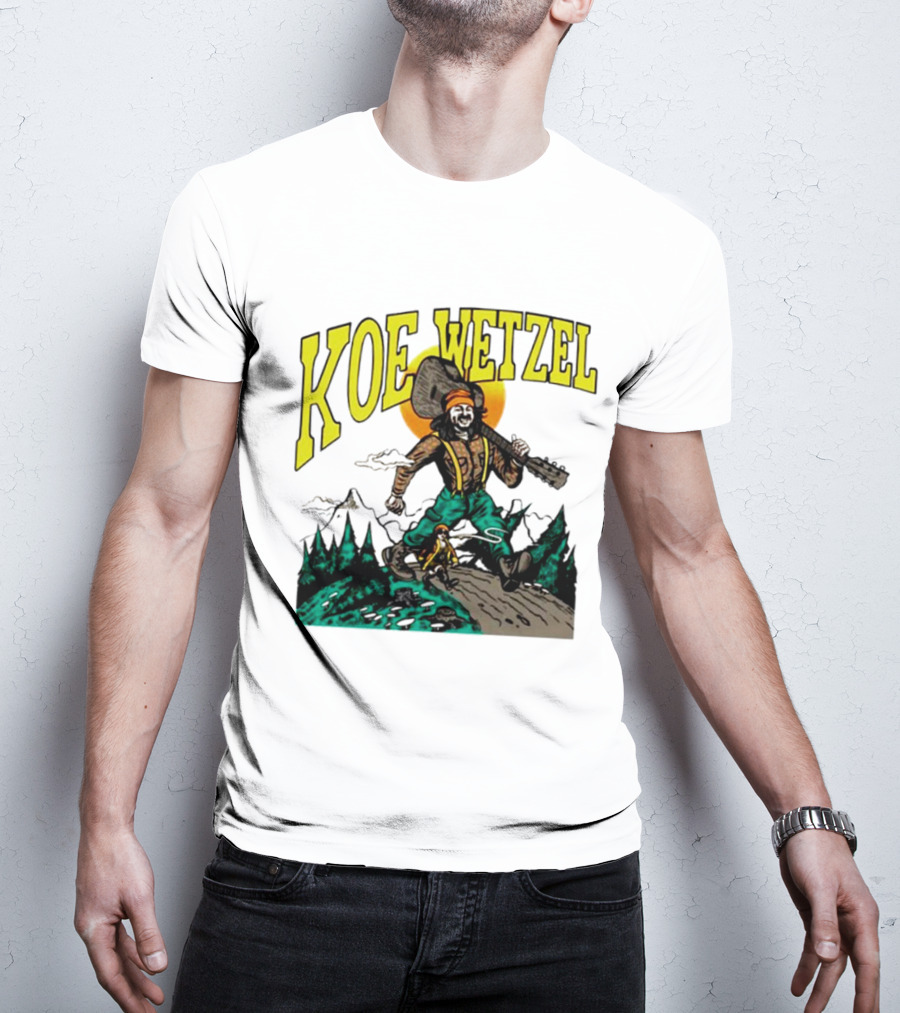 Koe Wetzel Koe Bunyan Lumberjack With Guitar And Dog In Mountain Scene T-Shirt