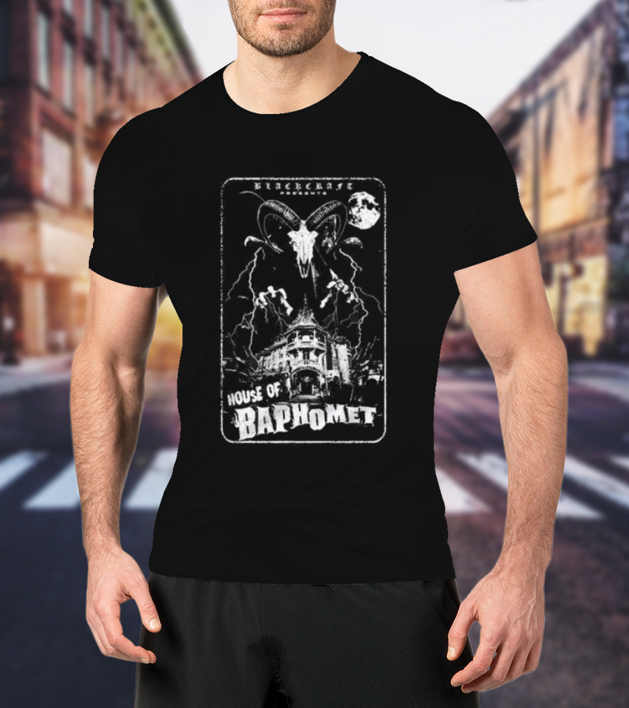 Blackcraft Cult Blackcraft Presents House Of Baphomet Goat Head Lightning Full Moon Dark T-Shirt
