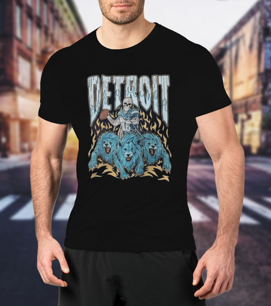 Detroit Skull Quarterback With Football And Blue Lions T-Shirt