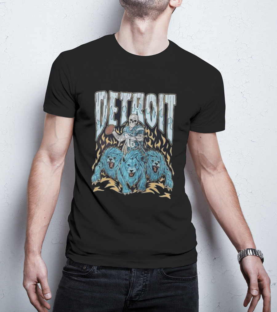 Detroit Skull Quarterback With Football And Blue Lions T-Shirt