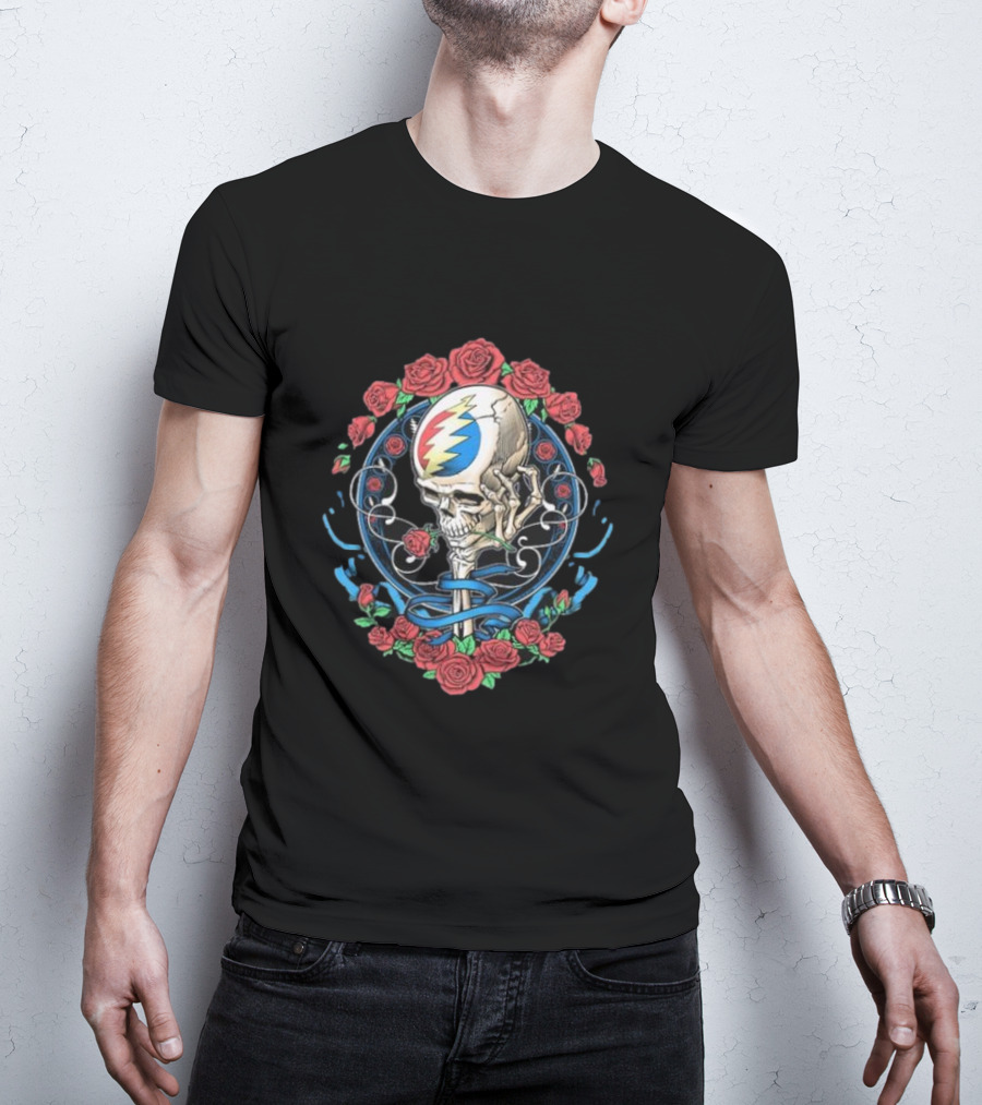 Original Grateful Dead Steal Your Face Nouveau Skull With Roses And Lightning Bolt Emblem T-Shirt