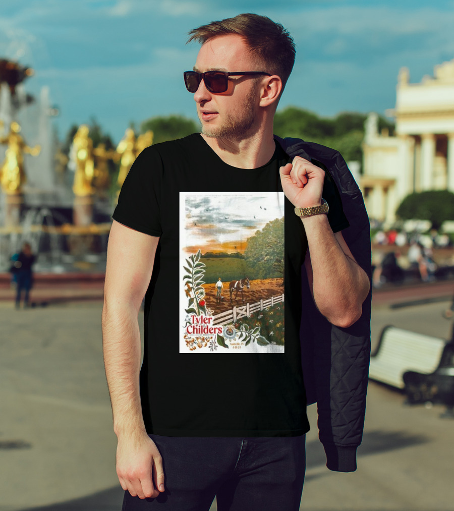 Tyler Childers Nashville TN 4 18 23 Horse Farm Scene With Flowers T-Shirt