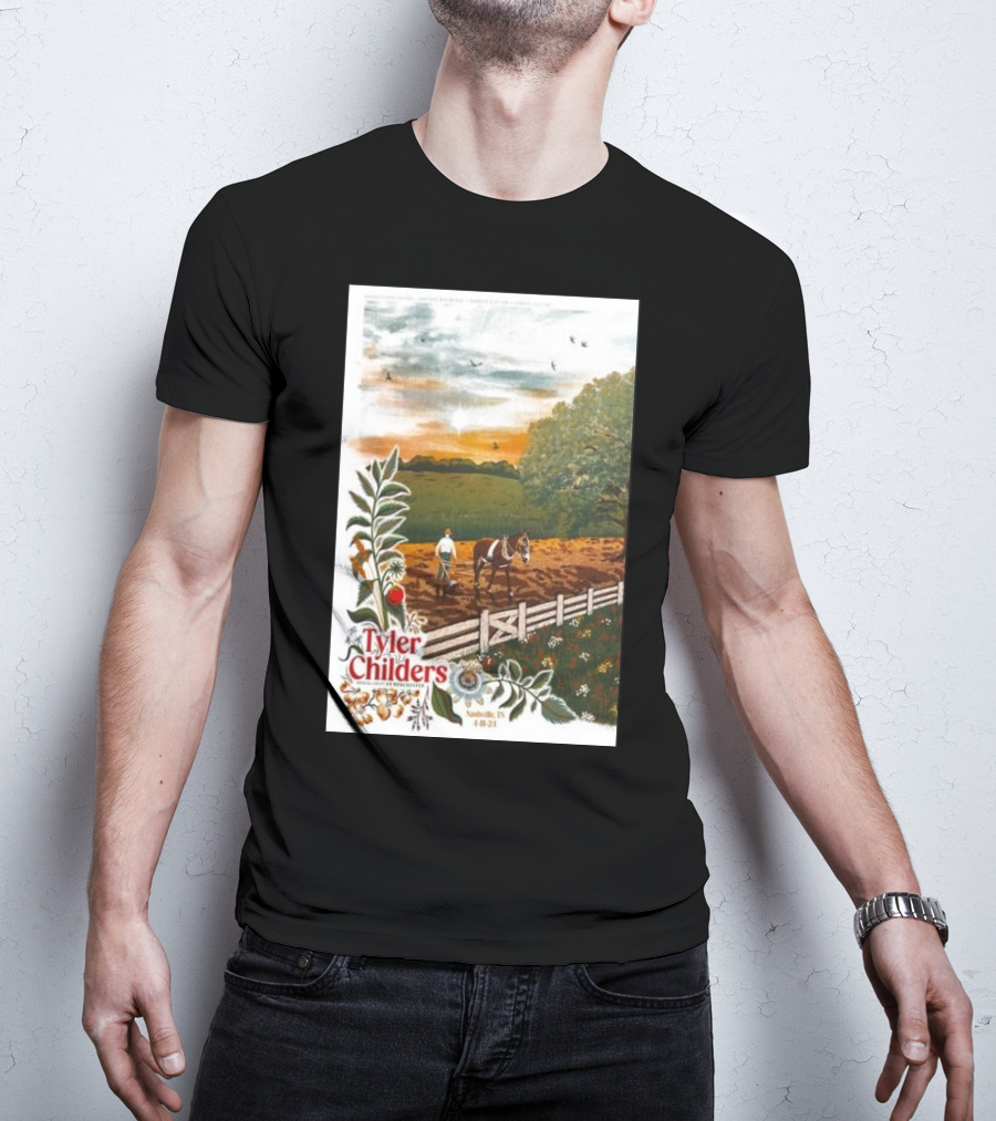 Tyler Childers Nashville TN 4 18 23 Horse Farm Scene With Flowers T-Shirt