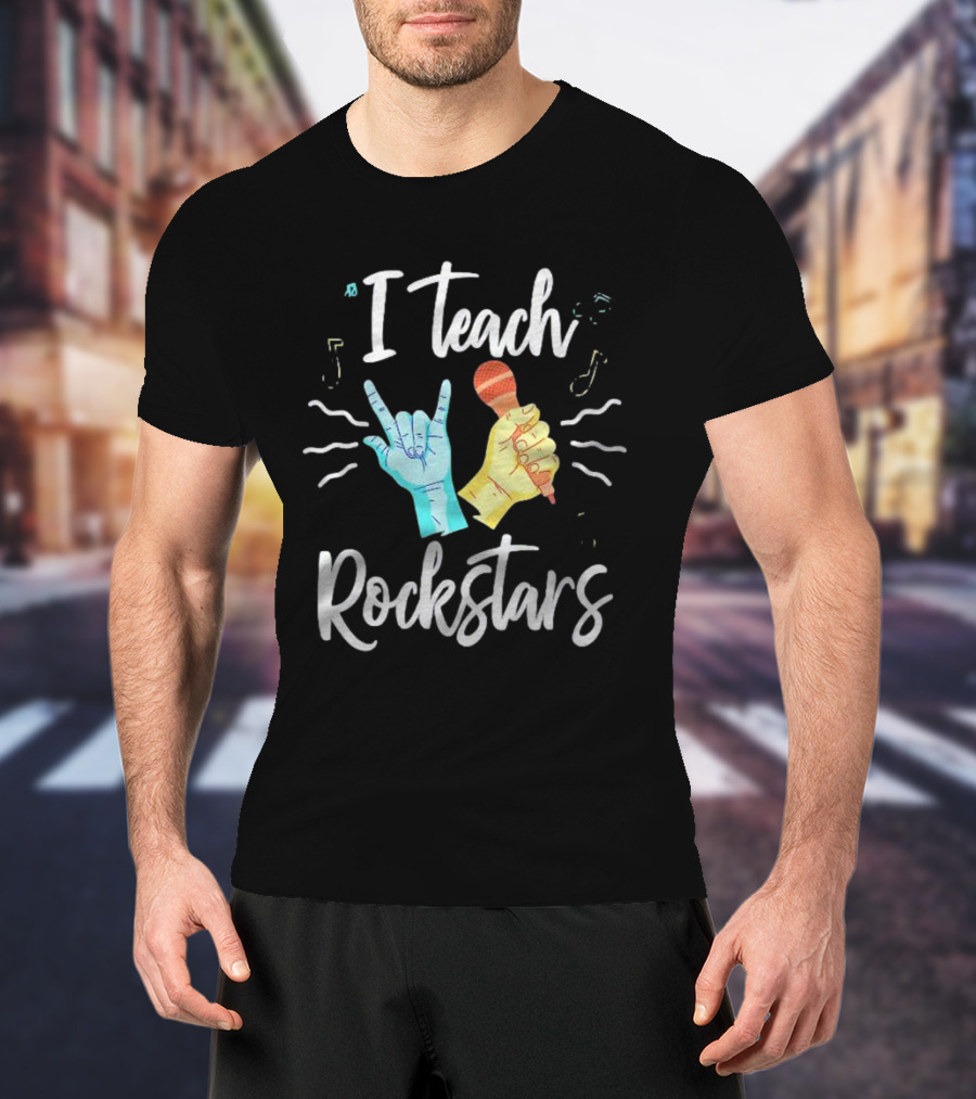I Teach Rock Stars Music Teacher With Microphone And Rock Hand Gesture T-Shirt