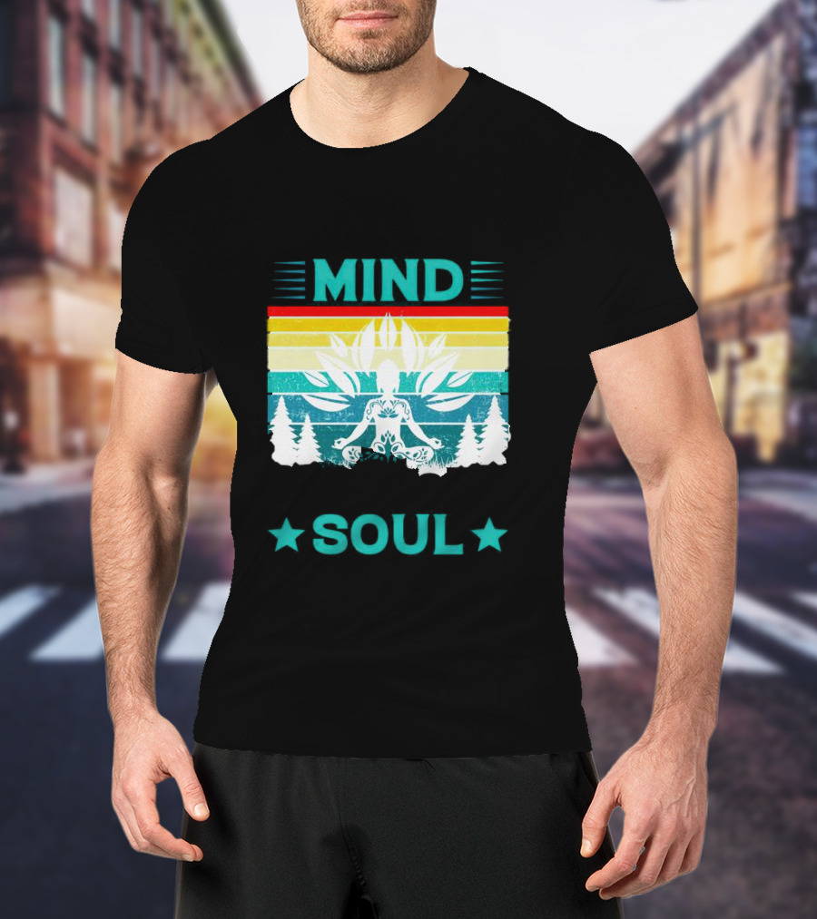 LOSE YOUR MIND FIND YOUR SOUL Yoga Meditation Retro Vintage Rainbow Pine Trees T-Shirt