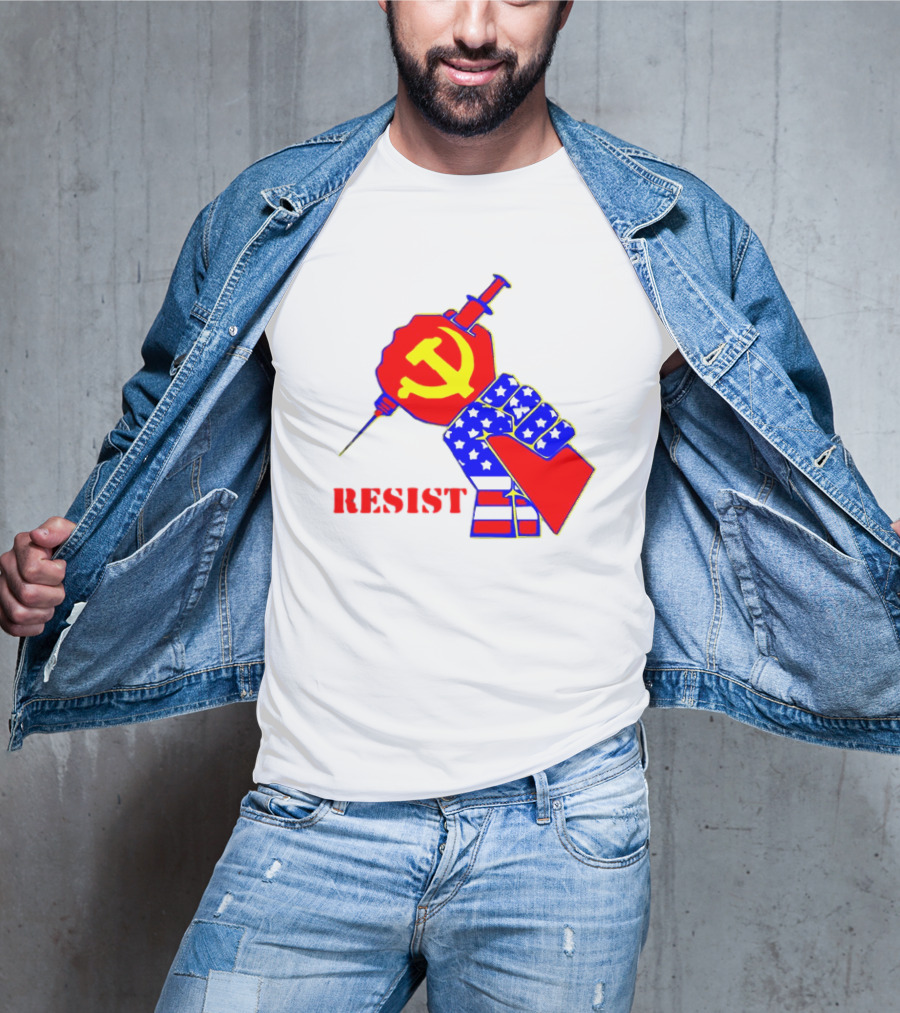 RESIST Communist Hammer And Sickle American Flag Fist Syringe T-Shirt