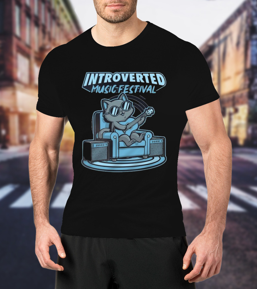Introverted Music Festival Cat Playing Guitar On Couch With Amplifier T-Shirt