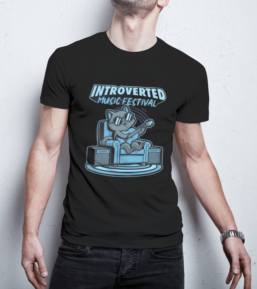 Introverted Music Festival Cat Playing Guitar On Couch With Amplifier T-Shirt