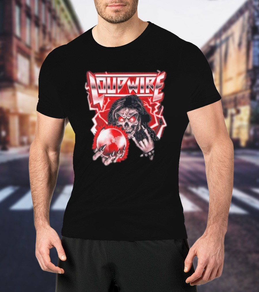 Loudwire 80s Metal Skull And Lightning Sphere Rock Hand T-Shirt