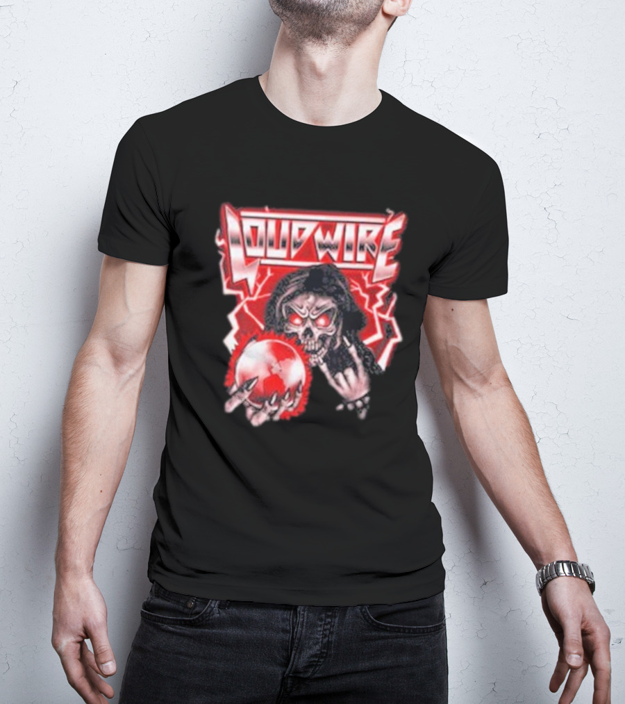 Loudwire 80s Metal Skull And Lightning Sphere Rock Hand T-Shirt