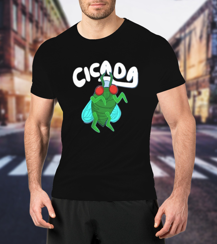 Cicada Cartoon Bug With Green Body And Red Eyes T-Shirt