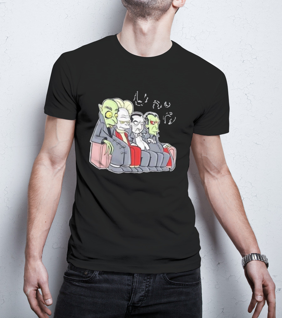 Various Versions Of Dracula Characters Sitting Together On A Couch T-Shirt