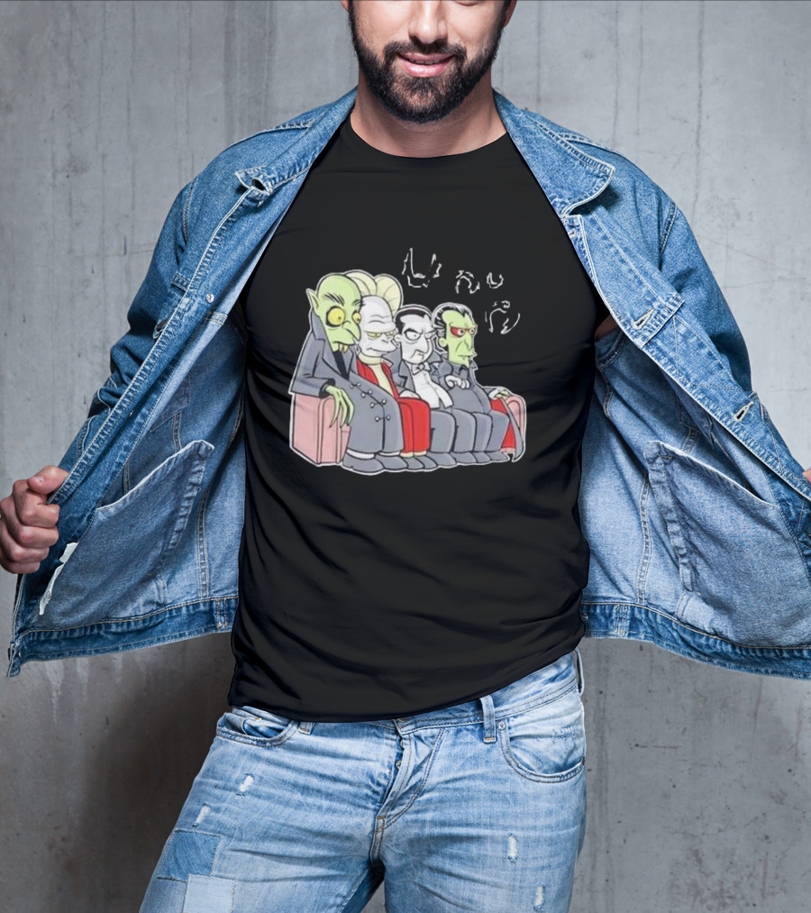 Various Versions Of Dracula Characters Sitting Together On A Couch T-Shirt