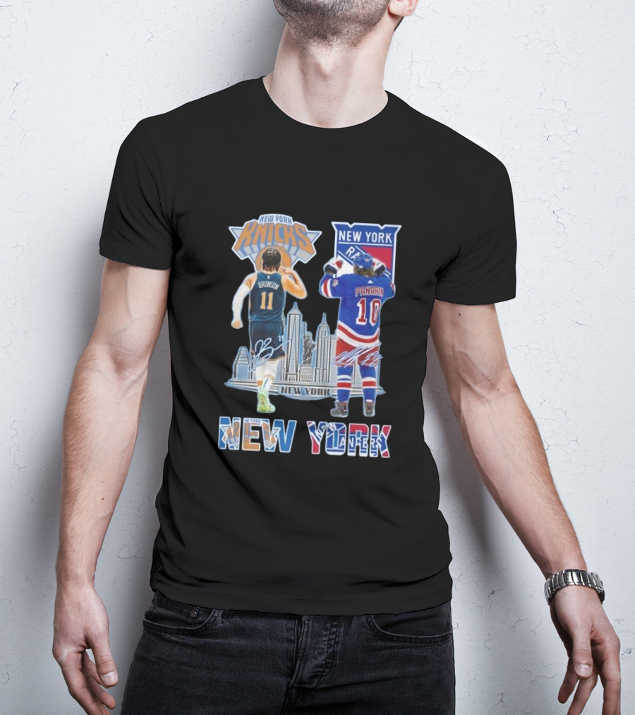 New York Knicks Brunson Rangers Panarin New York City Skyline Signatures T-Shirt