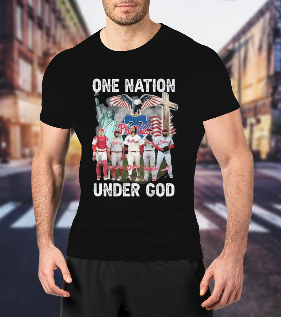 Philadelphia Phillies One Nation Under God Flag Statue Cross Signatures T-Shirt
