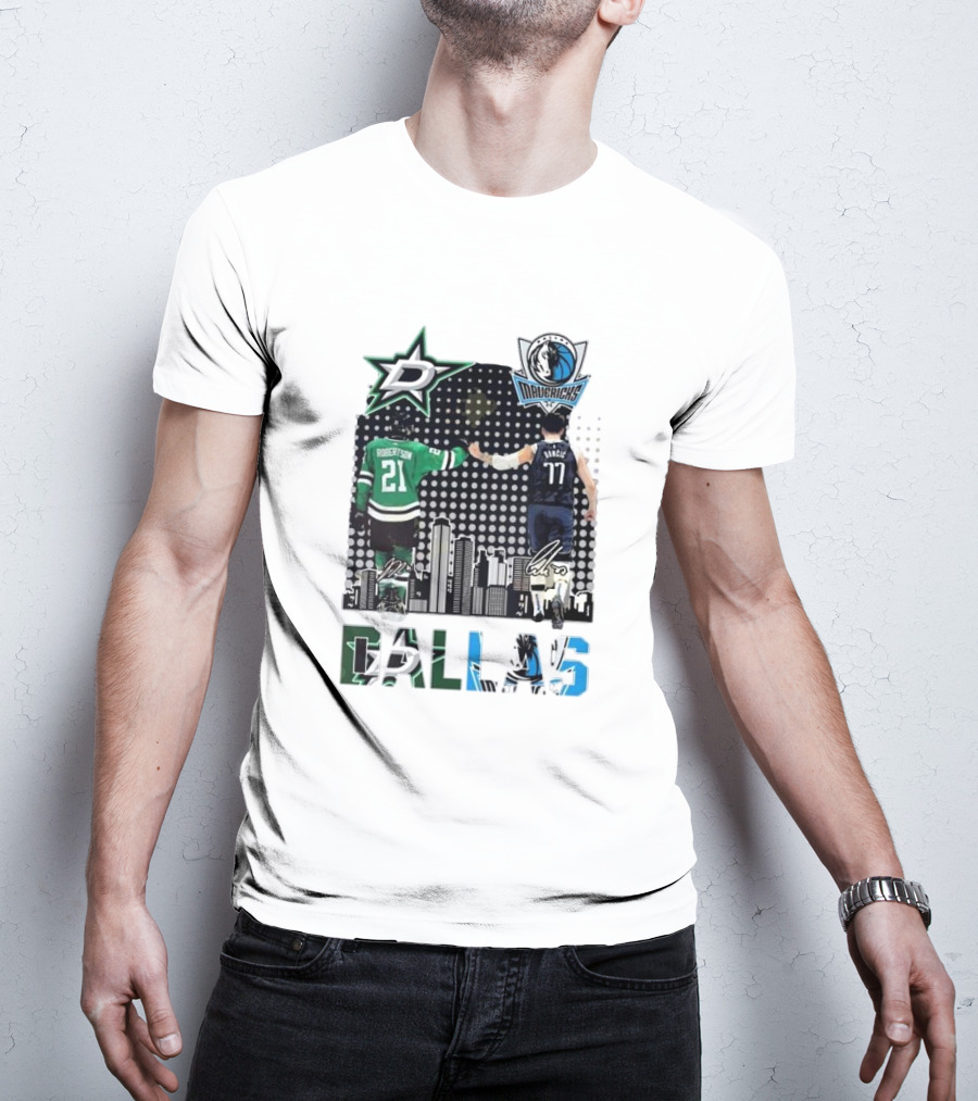 Dallas Stars Mavericks Robertson Doncic Skyline Signatures T-Shirt