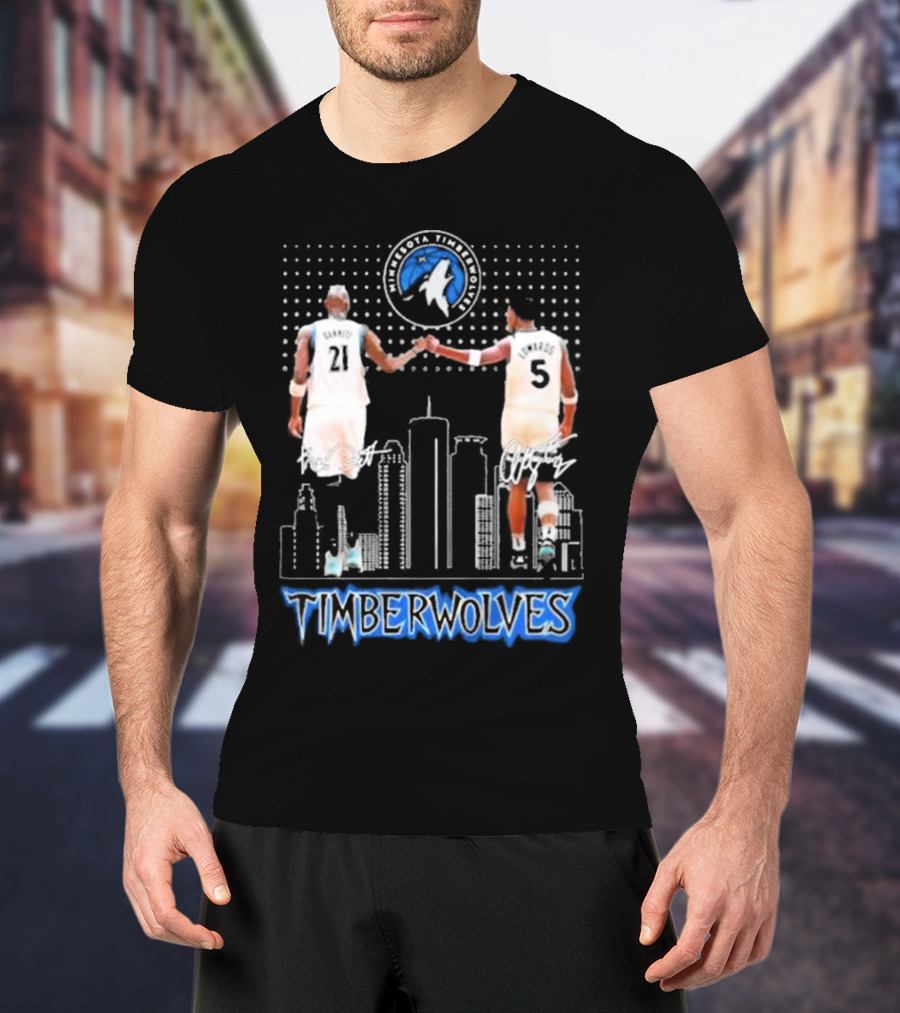 Minnesota Timberwolves Kevin Garnett Anthony Edwards Signatures City Skyline T-Shirt