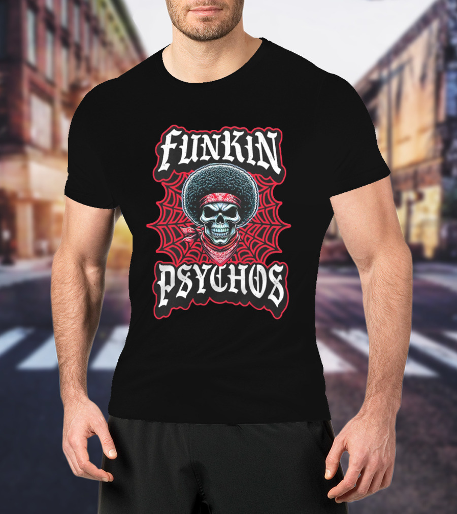 Funkin Psychos Afro Skull Red Bandana Web T-Shirt