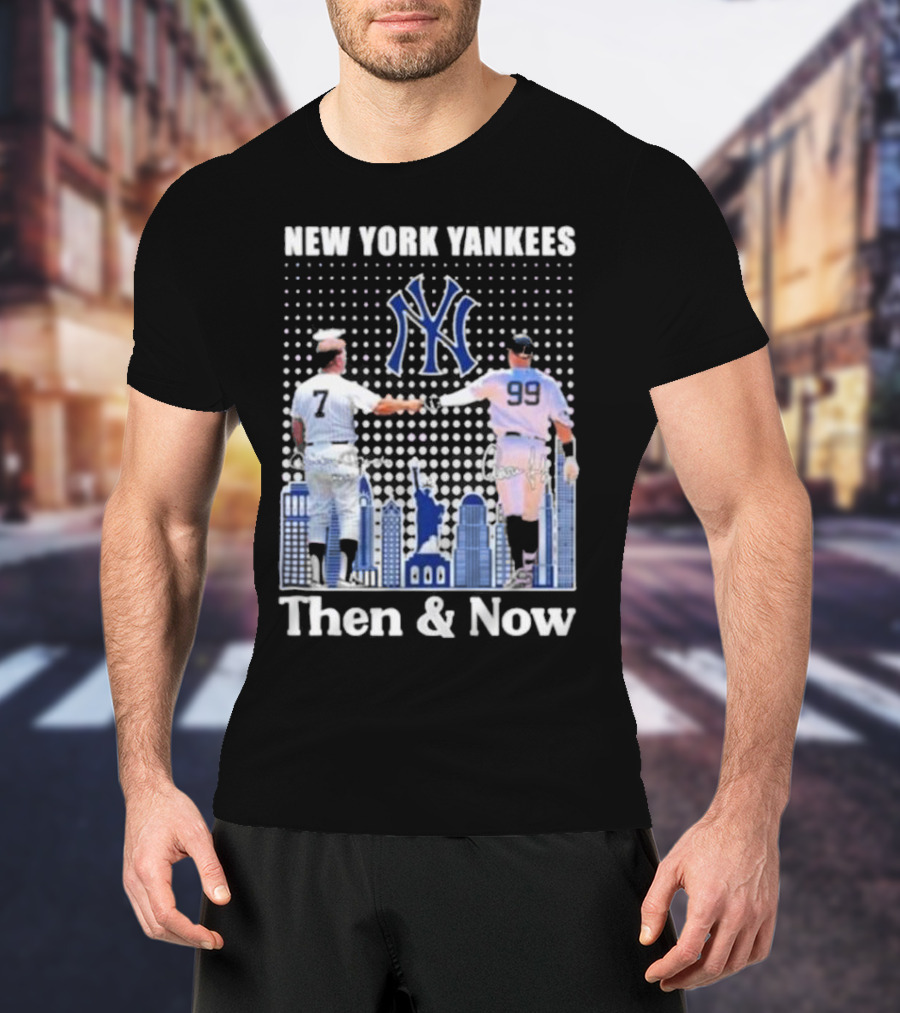 New York Yankees Then And Now Mickey Mantle 7 Aaron Judge 99 Signatures T-Shirt