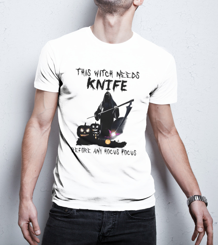 This Witch Needs Knife Before Any Hocus Pocus Halloween Pumpkins Dark Scene T-Shirt