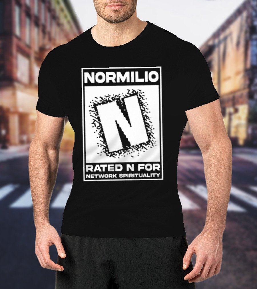 Normilio Rated N For Network Spirituality Bold Text Box With Speckled Explosion Background T-Shirt
