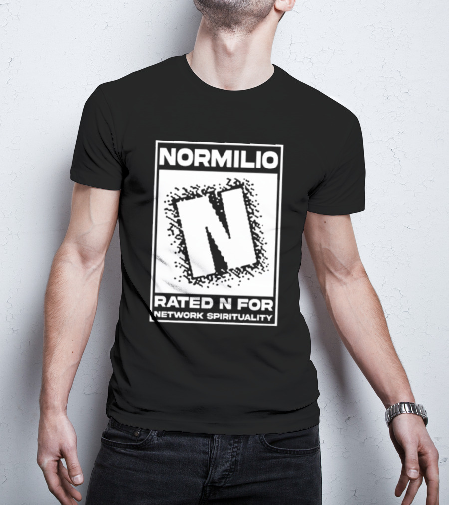 Normilio Rated N For Network Spirituality Bold Text Box With Speckled Explosion Background T-Shirt