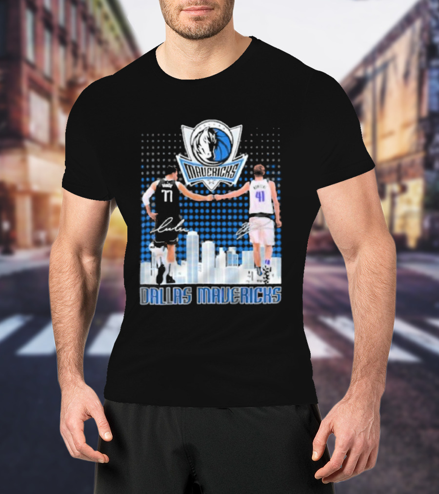 Dallas Mavericks Luka Doncic Dirk Nowitzki Handshake Signatures Skyline T-Shirt