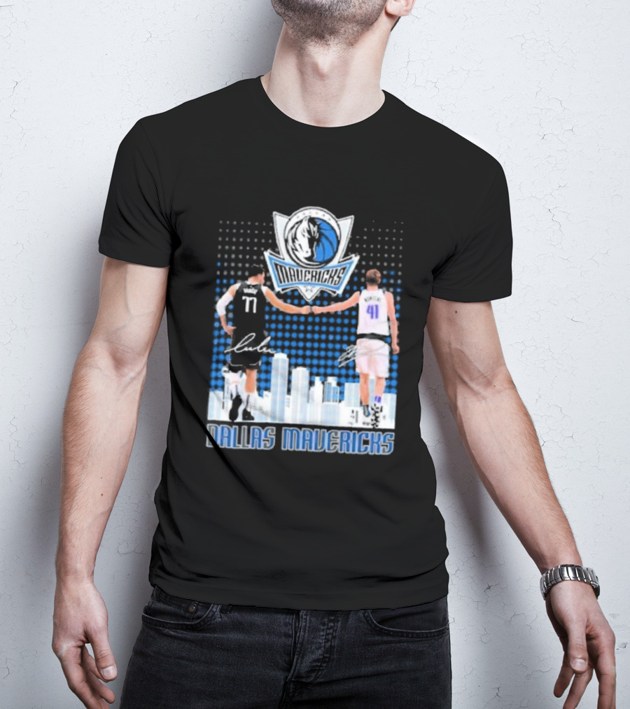 Dallas Mavericks Luka Doncic Dirk Nowitzki Handshake Signatures Skyline T-Shirt