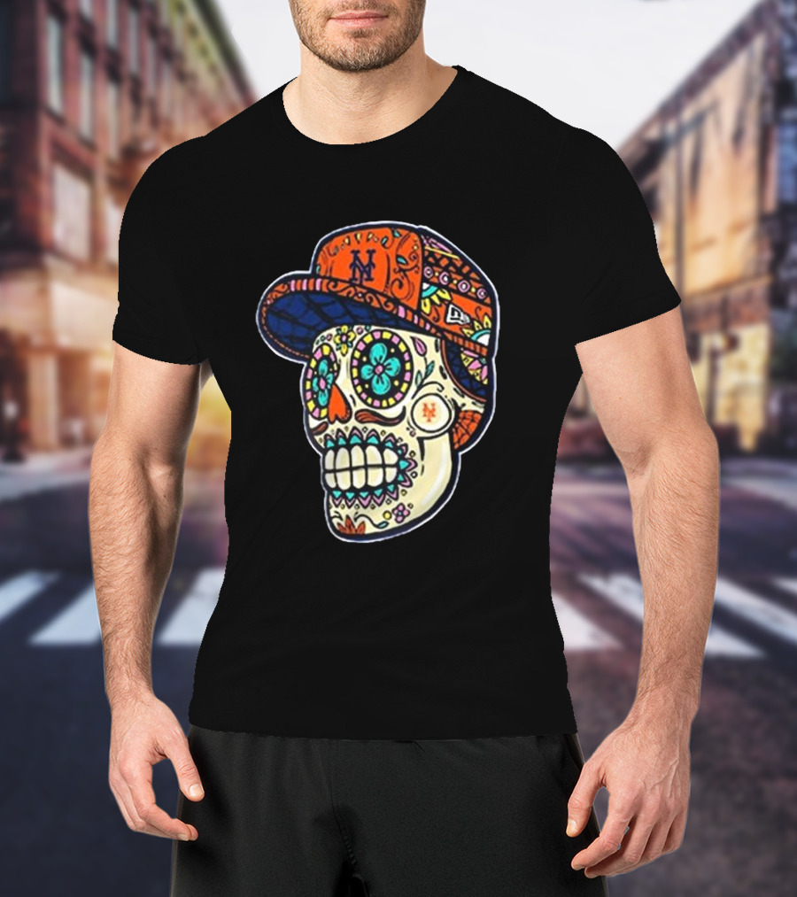New York Mets New Era Black Sugar Skull Cap T-Shirt