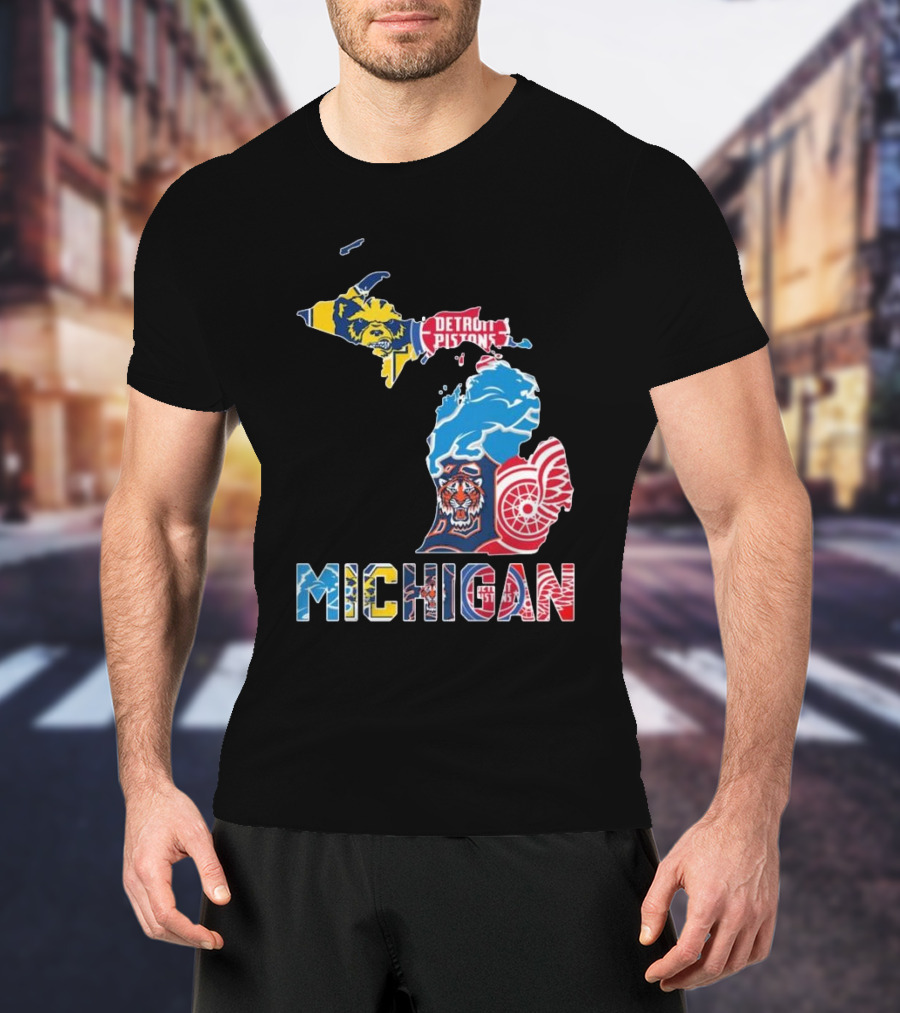 Michigan Lions Wolverines Tigers Pistons Red Wings Map T-Shirt