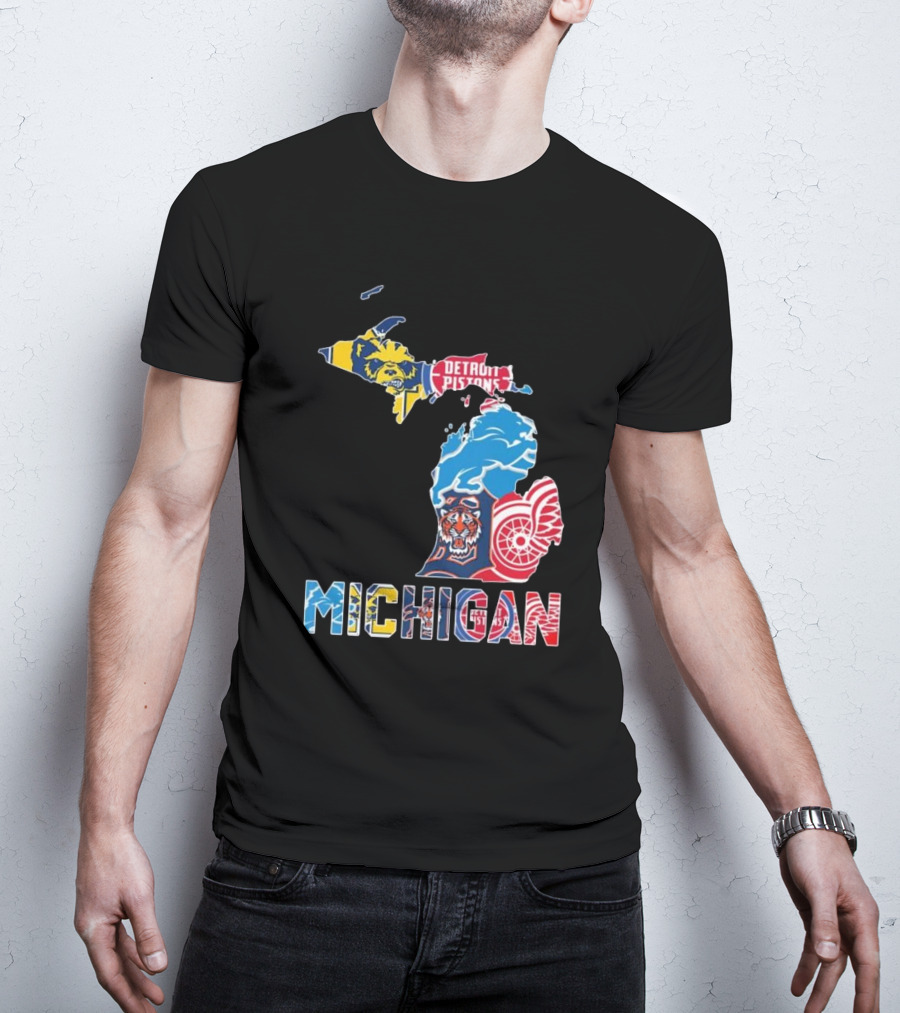 Michigan Lions Wolverines Tigers Pistons Red Wings Map T-Shirt