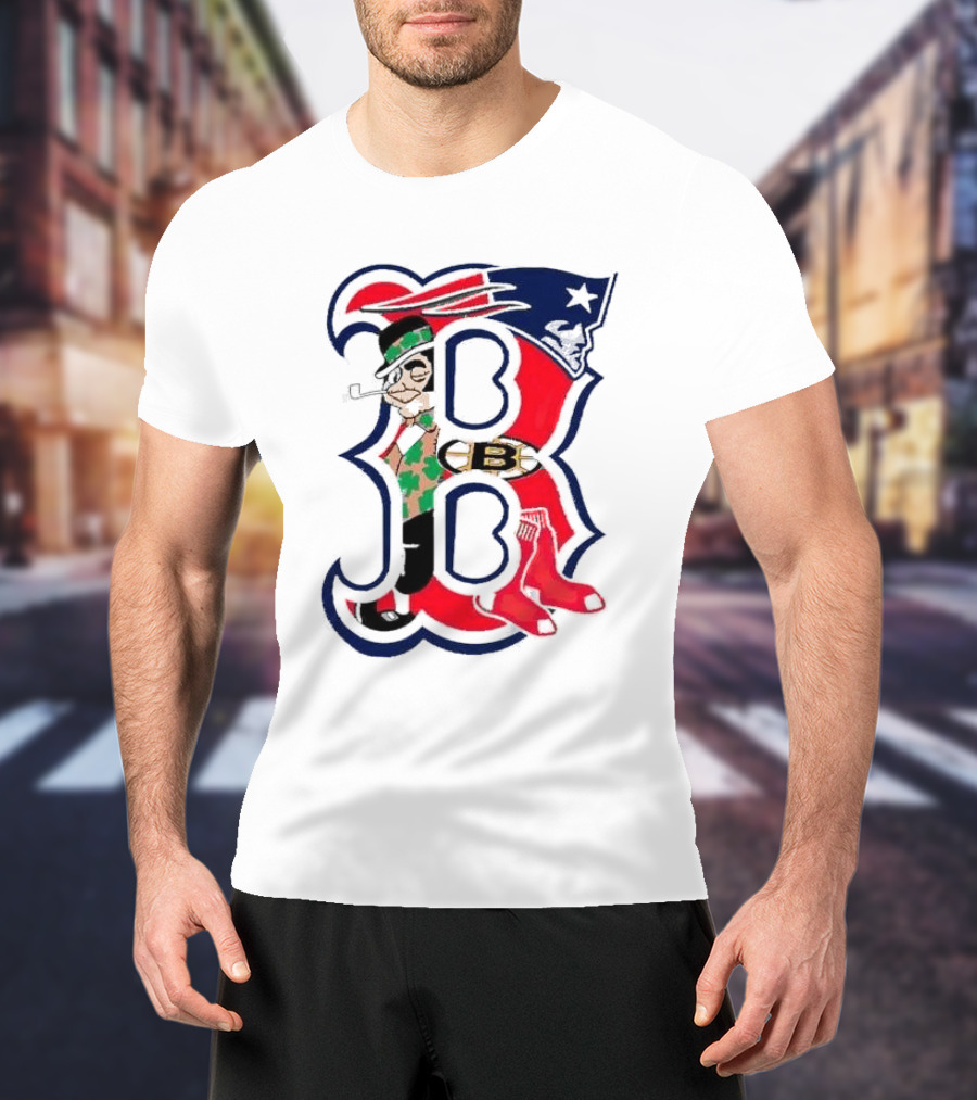 Boston Red Sox B Mashup With Patriots Bruins Celtics Symbols T-Shirt
