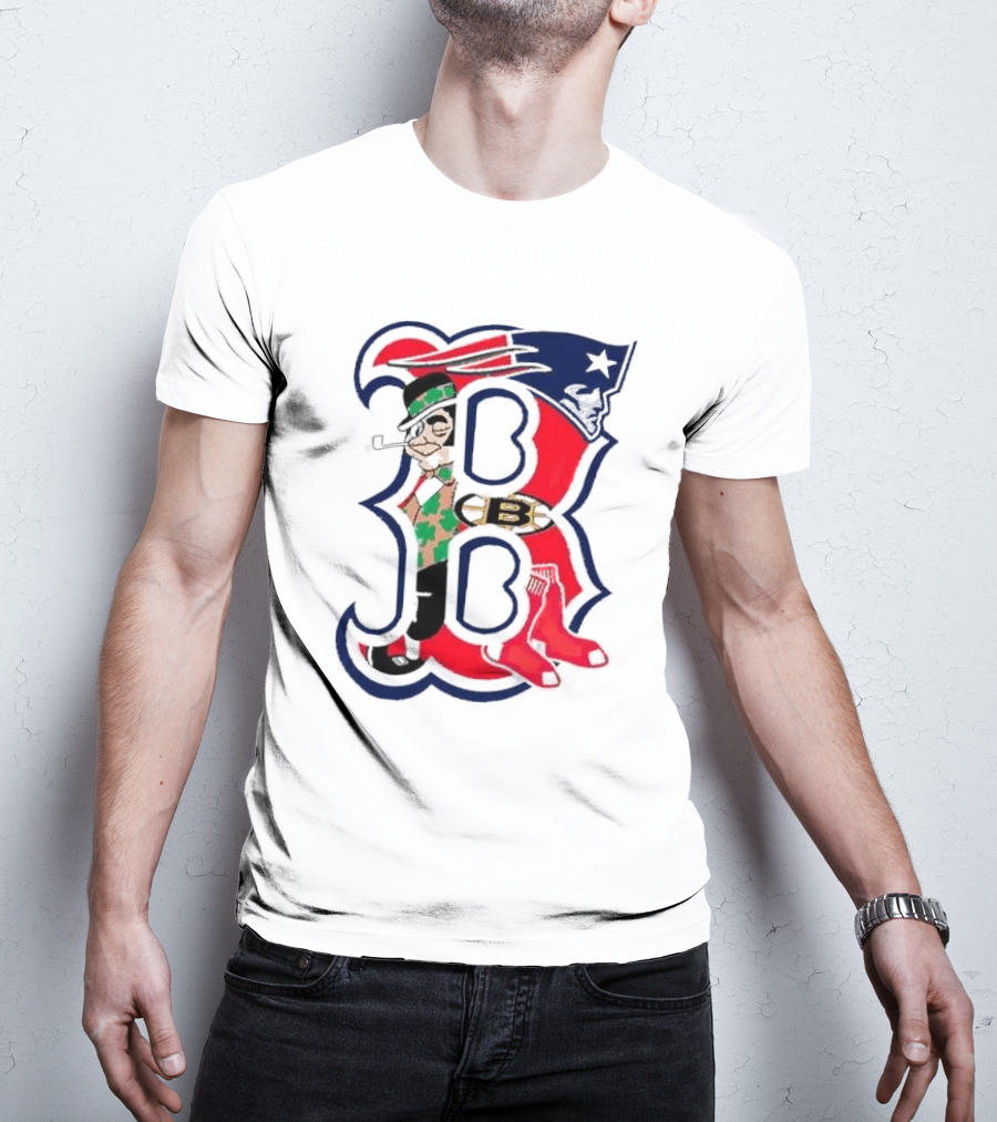 Boston Red Sox B Mashup With Patriots Bruins Celtics Symbols T-Shirt