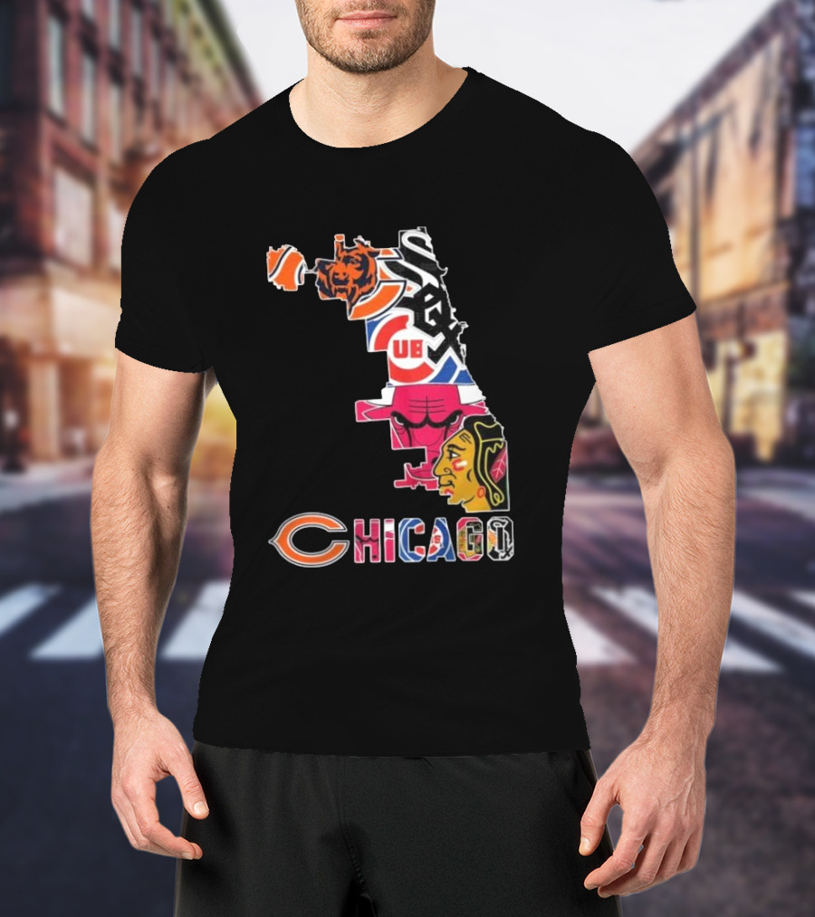Chicago Cubs White Sox Bulls Bears Blackhawks Maps T-Shirt